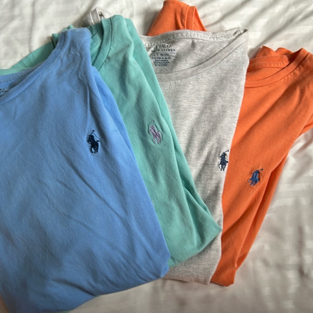 4 men’s Polo by Ralph Lauren tshirts, size Large, orange, blue, green, heather